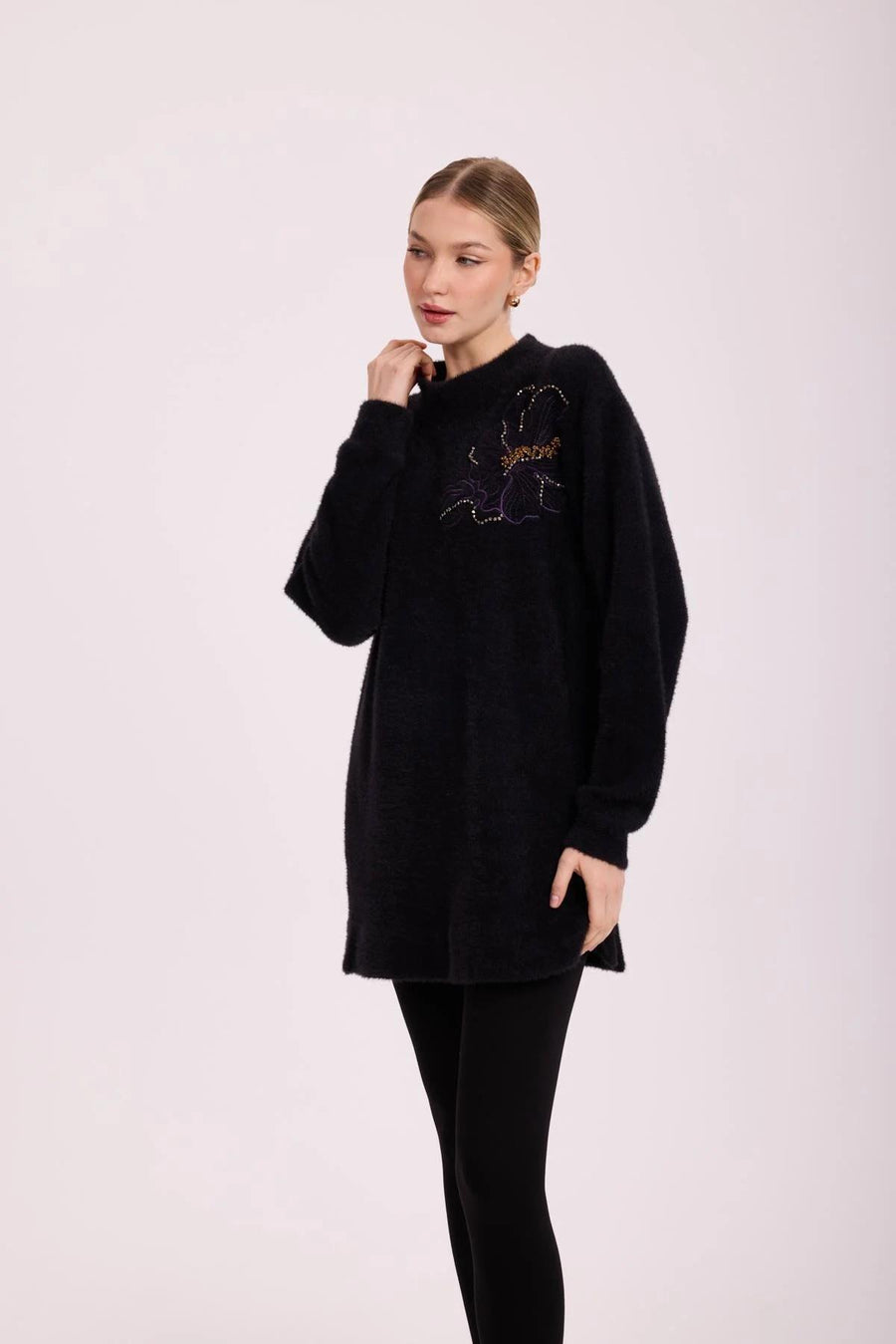 Missemramiss Florana Nakışlı Angora Tunik Siyah