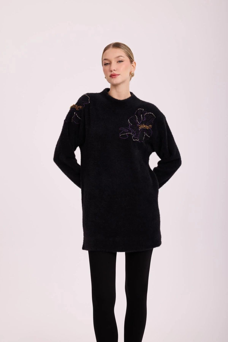 Missemramiss Florana Nakışlı Angora Tunik Siyah